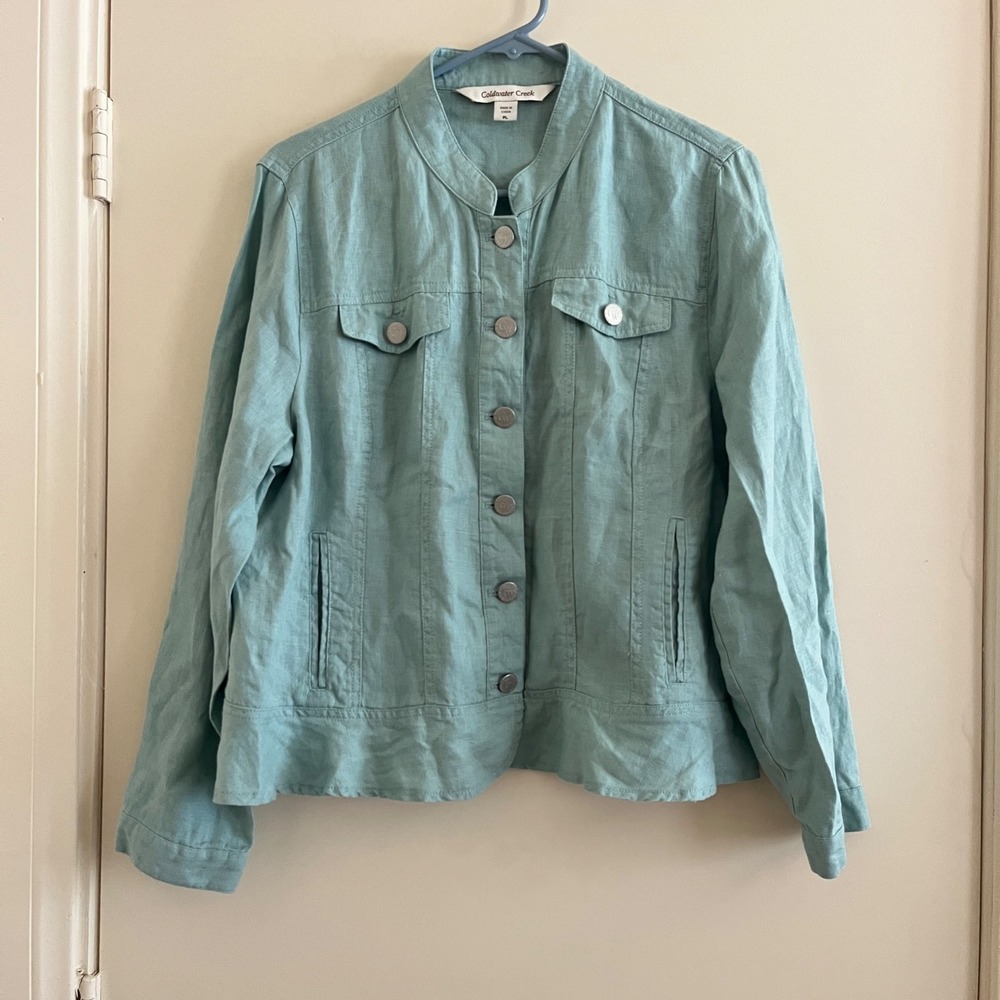 Coldwater Creek Women Linen Utility Peplum Jacket Petite Large Resort Coastal